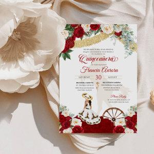 Red White Floral  Elegant Gold Charro Quinceanera