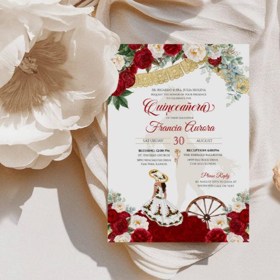 Red White Floral  Elegant Gold Charro Quinceanera