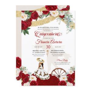 Red White Floral Elegant Gold - Charro Quinceanera