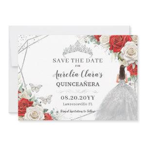 Red White Floral Silver Dress Quinceanera Sweet 16 Save The Date