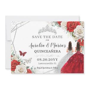 Red White Floral Twins Silver Quinceanera Sweet 16 Save The Date