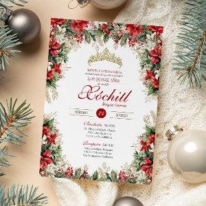 Red White Gold Holiday Floral Winter Quinceañera