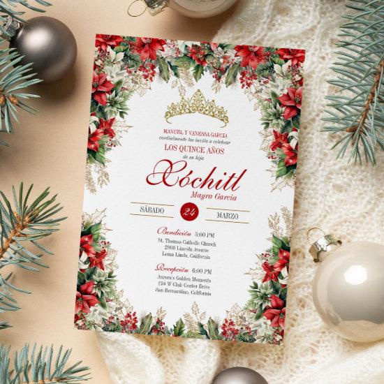 Red White Gold Holiday Floral Winter Quinceañera