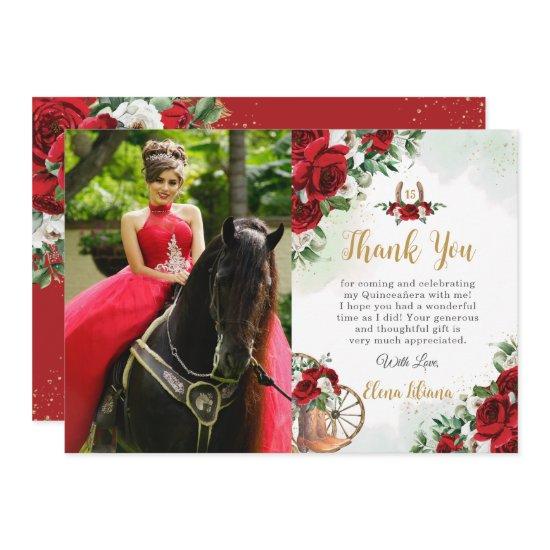 Red White Roses Floral Boots Charro Quinceañera Thank You Card