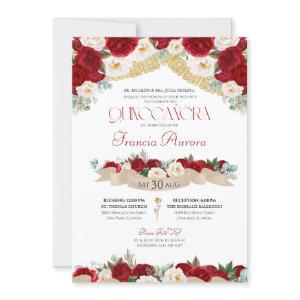 Red White Roses Peonies Elegant Quinceanera Invita