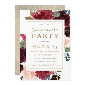 Red Wine Gold Floral Watercolor Quinceanera Party