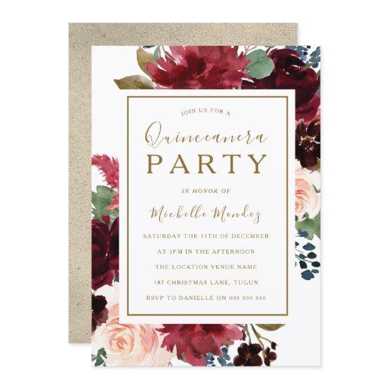 Red Wine Gold Floral Watercolor Quinceanera Party