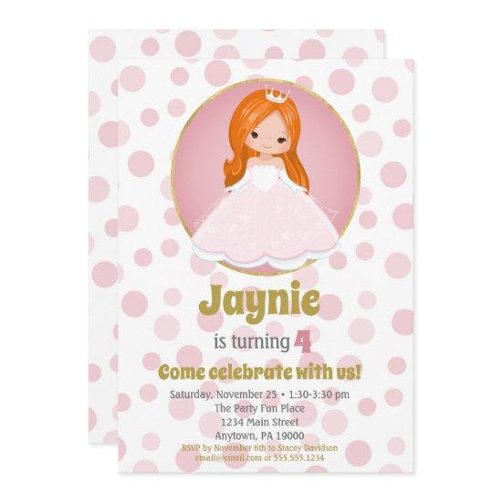 Redhead Pink Princess Girls Birthday