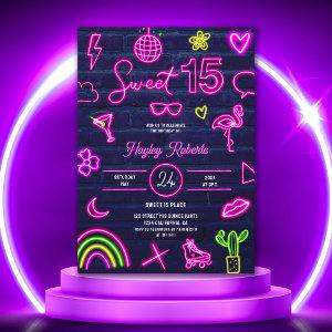 Retro 80s neon laser glow Sweet 15 navy blue brick