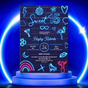 Retro 80s neon laser glow Sweet 15 navy blue brick