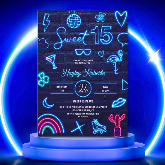 Retro 80s neon laser glow Sweet 15 navy blue brick
