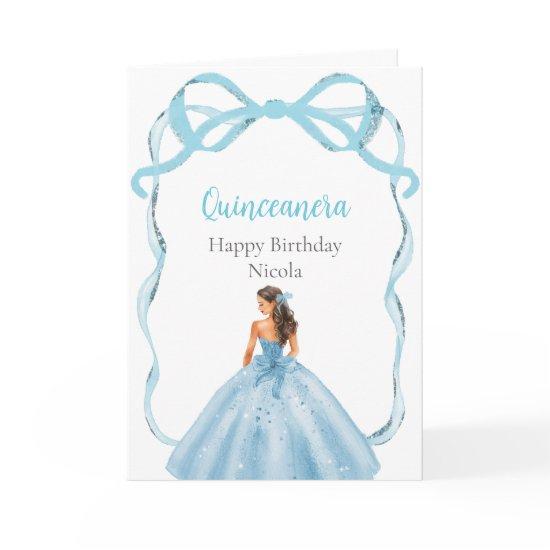Ribbon Blue Brown Hair Princess Quinceanera Card