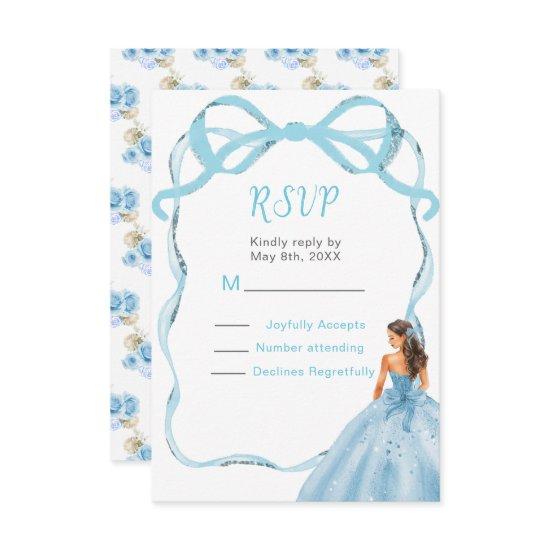Ribbon Blue Brown Hair Princess Quinceanera RSVP Card