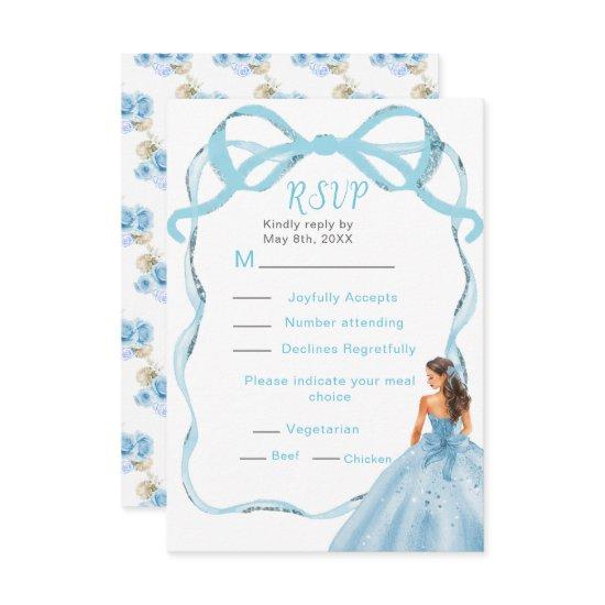 Ribbon Blue Brown Hair Princess Quinceanera RSVP Card