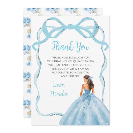 Ribbon Blue Brown Hair Princess Quinceanera Thank You Card