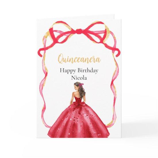 Ribbon Bright Red and Gold Princess Quinceanera Card