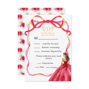 Ribbon Bright Red and Gold Princess Quinceanera RSVP Card