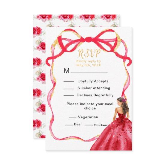 Ribbon Bright Red and Gold Princess Quinceanera RSVP Card