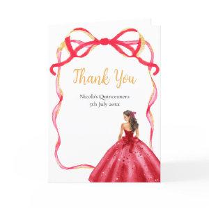Ribbon Bright Red and Gold Princess Quinceanera Thank You Card