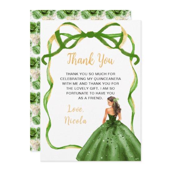 Ribbon Green Brown Hair Princess Quinceanera Thank You Card