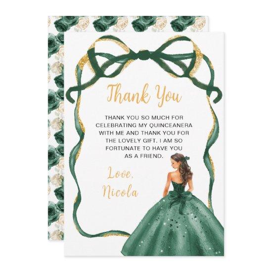 Ribbon Green Brown Hair Princess Quinceanera Thank You Card