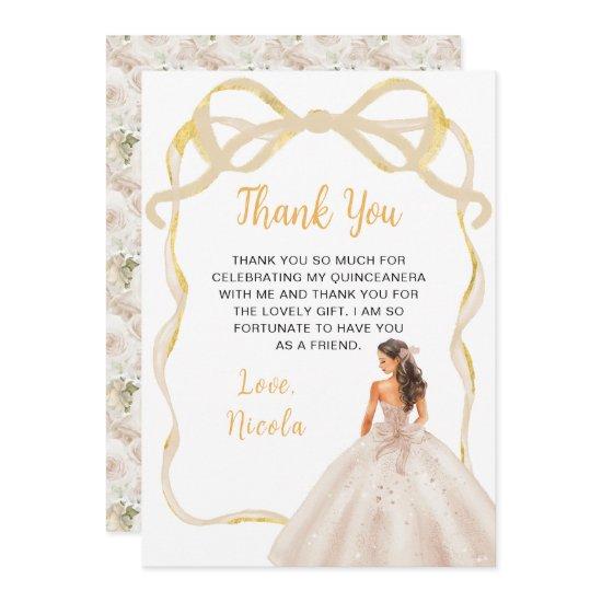 Ribbon Ivory Brown Hair Princess Quinceanera Thank You Card