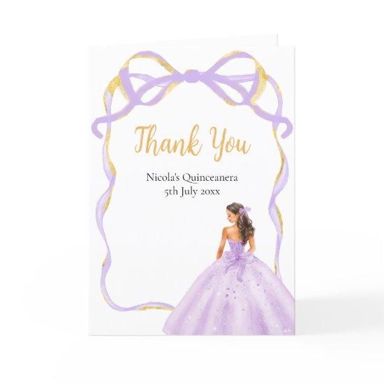 Ribbon Lilac Brown Hair Princess Quinceanera Thank You Card