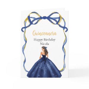 Ribbon Navy Gold Brown Hair Princess Quinceanera Card