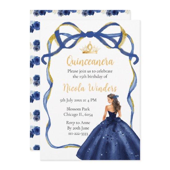 Ribbon Navy Gold Brown Hair Princess Quinceanera