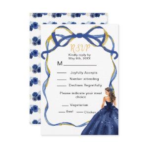 Ribbon Navy Gold Brown Hair Princess Quinceanera  RSVP Card