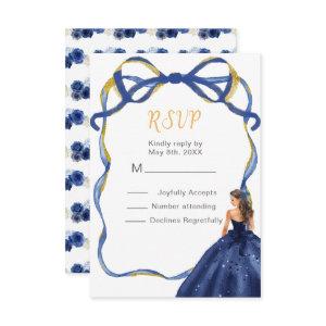 Ribbon Navy Gold Brown Hair Princess Quinceanera  RSVP Card