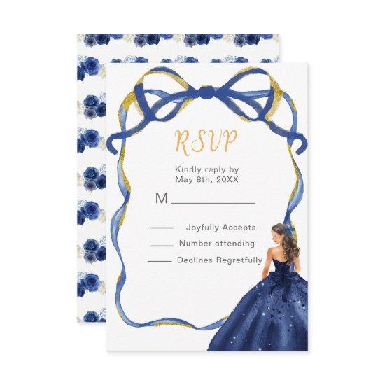 Ribbon Navy Gold Brown Hair Princess Quinceanera  RSVP Card