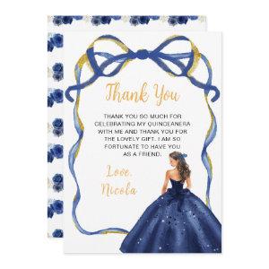 Ribbon Navy Gold Brown Hair Princess Quinceanera Thank You Card
