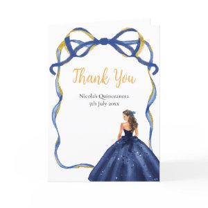 Ribbon Navy Gold Brown Hair Princess Quinceanera Thank You Card