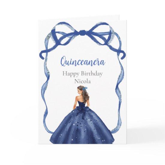 Ribbon Navy Silver Brown Hair Princess Quinceanera Card