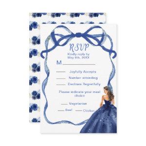 Ribbon Navy Silver Brown Hair Princess Quinceanera RSVP Card