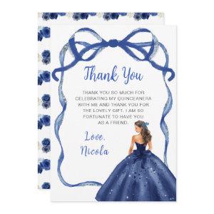 Ribbon Navy Silver Brown Hair Princess Quinceanera Thank You Card