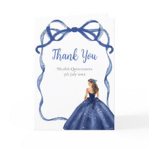 Ribbon Navy Silver Brown Hair Princess Quinceanera Thank You Card
