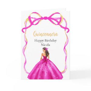 Ribbon Pink Brown Hair Princess Quinceanera Card
