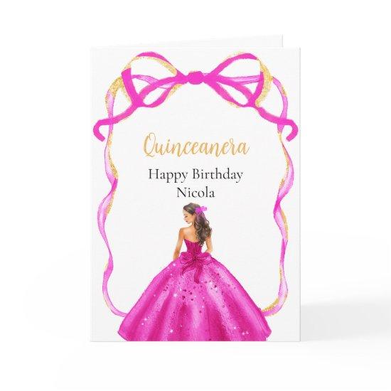 Ribbon Pink Brown Hair Princess Quinceanera Card