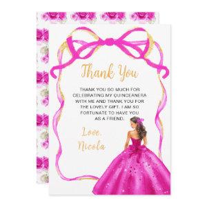 Ribbon Pink Brown Hair Princess Quinceanera Thank You Card