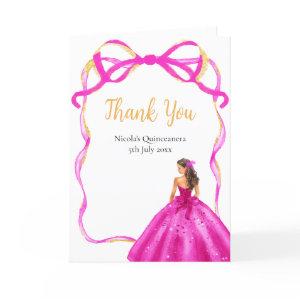 Ribbon Pink Brown Hair Princess Quinceanera Thank You Card