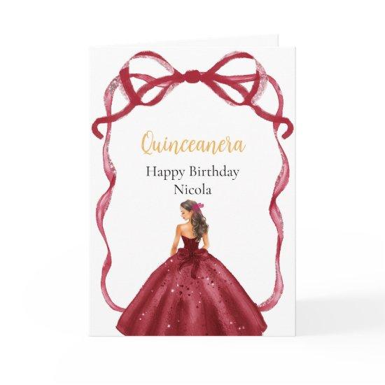 Ribbon Red Brown Hair Princess Quinceanera Card