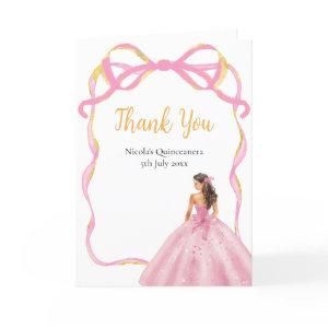 Ribbon Rose Pink and Gold Princess Quinceanera Thank You Card