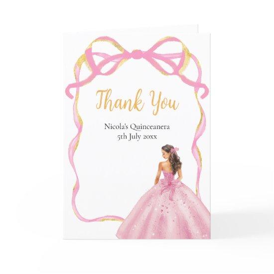 Ribbon Rose Pink and Gold Princess Quinceanera Thank You Card