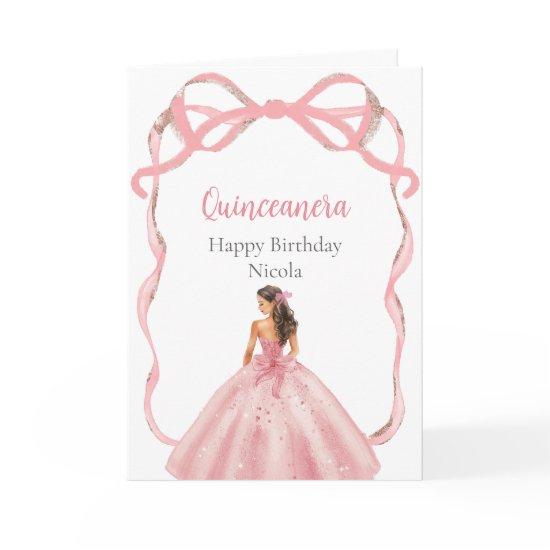 Ribbon Rose Pink and Silver Princess Quinceanera Card