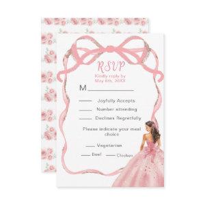 Ribbon Rose Pink and Silver Princess Quinceanera RSVP Card