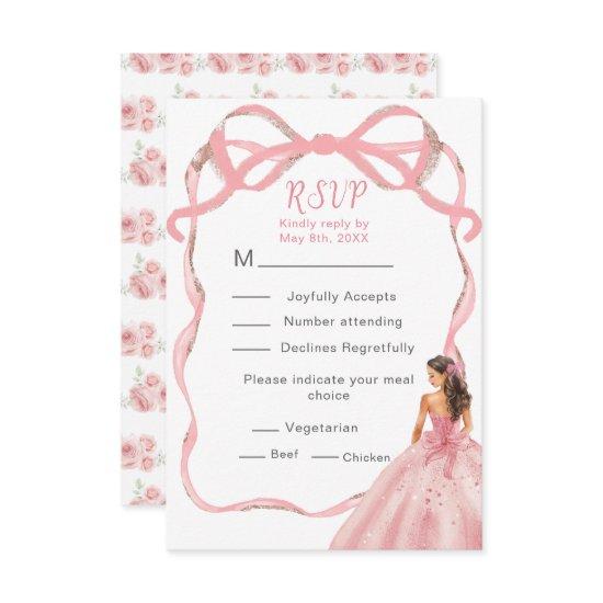 Ribbon Rose Pink and Silver Princess Quinceanera RSVP Card