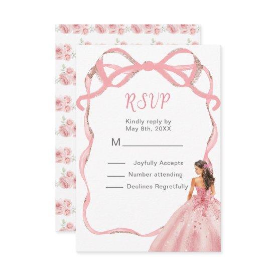 Ribbon Rose Pink and Silver Princess Quinceanera RSVP Card