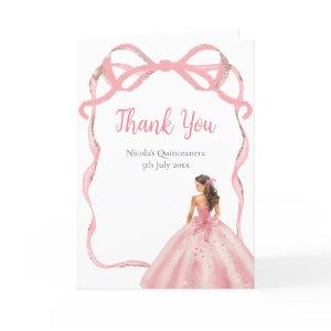 Ribbon Rose Pink and Silver Princess Quinceanera Thank You Card